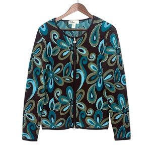 Vintage Neve Designs Full-Zip Wool Cardigan Sweater Abstract Floral Pattern